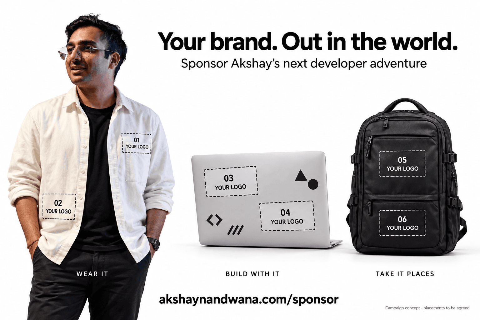 Campaign concept showing Akshay in a jacket, a laptop, and a backpack with six numbered sponsor logo positions.