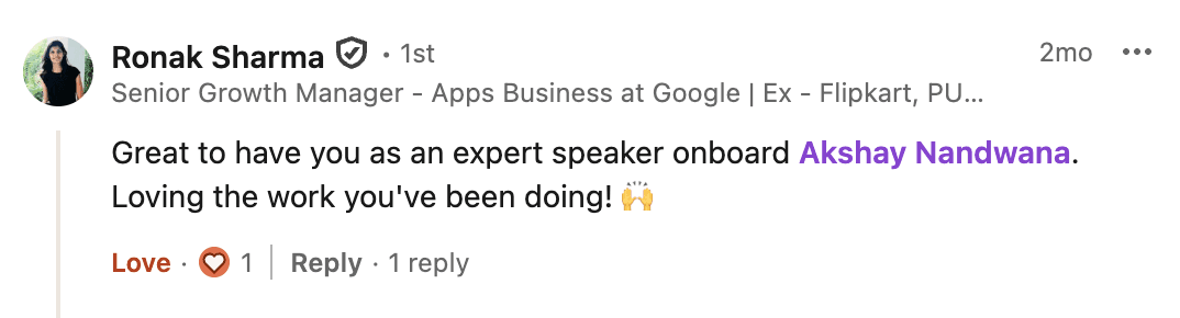 Ronak Sharma (Google) on LinkedIn about Akshay speaking